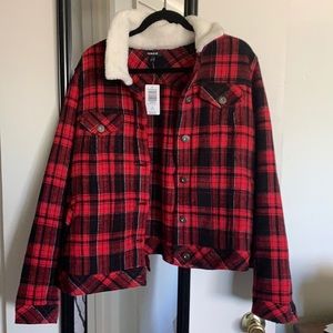 Torrid red and black plaid trucker jacket